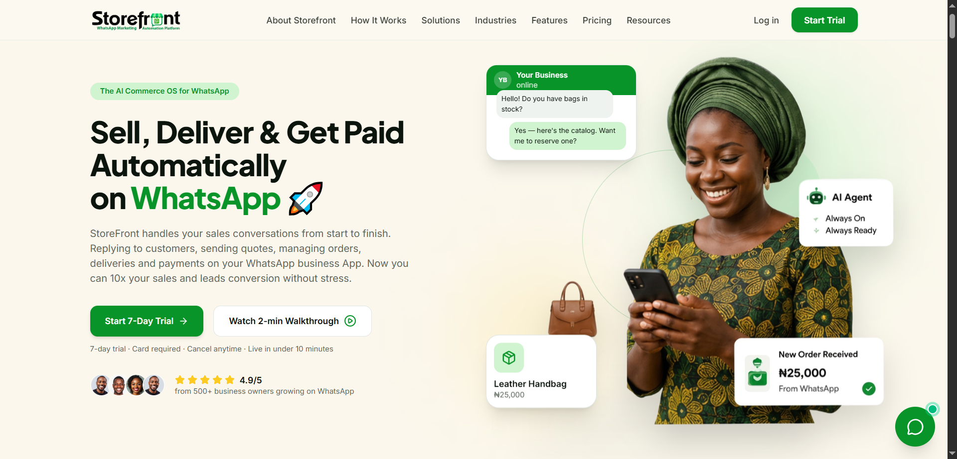 Badger Storefront WhatsApp commerce app on a phone